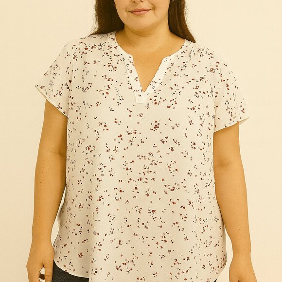 Hilary Radley Cream Floral Blouse XL Short Sleeve Split Neck Top - Picture 2 of 5